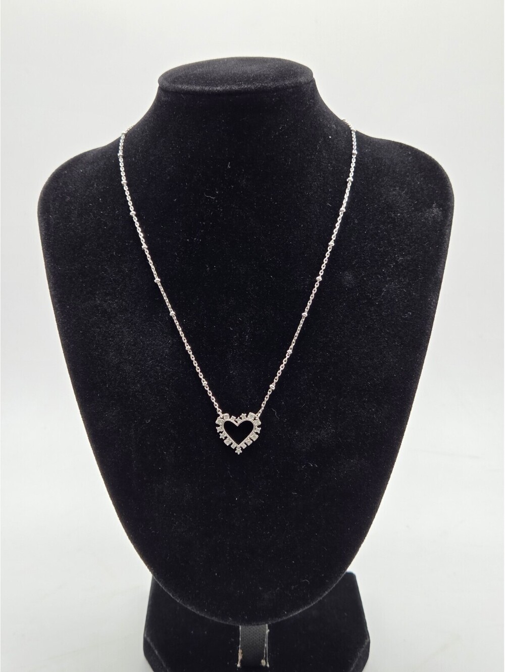 Kendra Scott Heart Necklace Silver Tone Crystal Open Heart Pendant Long Chain